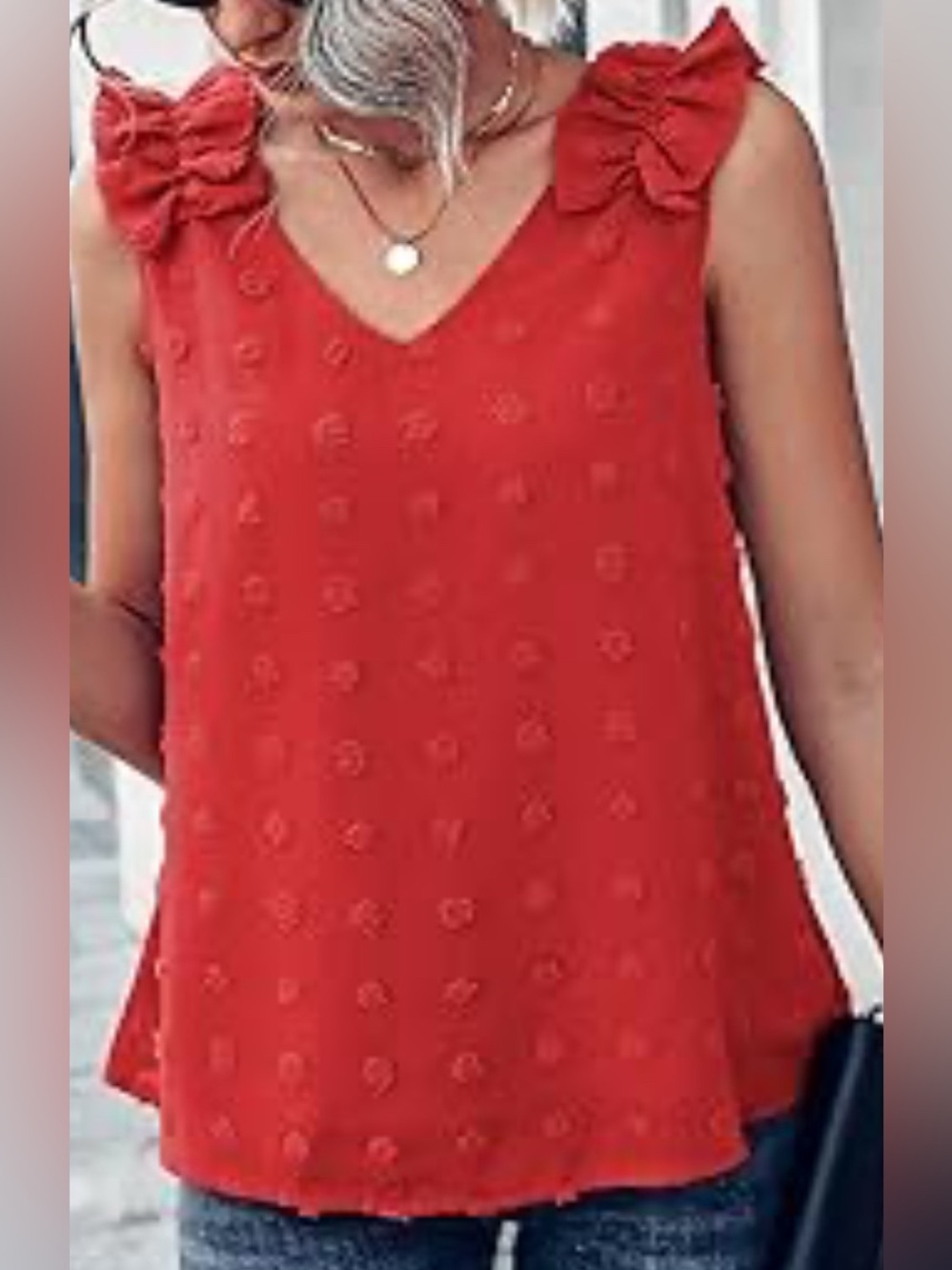 Entro Swiss Dot Red V-Neck Ruffle Shoulder Tank Top, Size Large